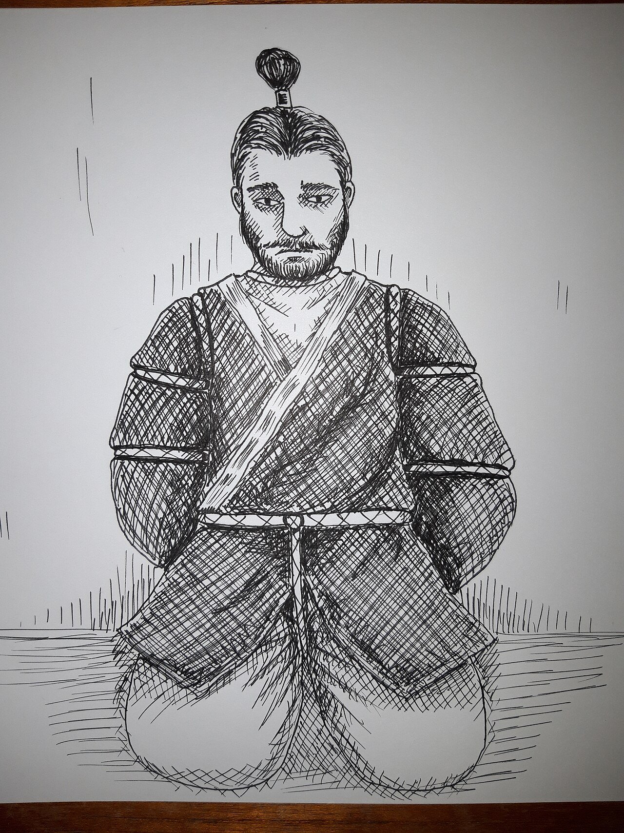 Dibujo histórico de hojōjutsu, arte japonés de inmovilizar con cuerda