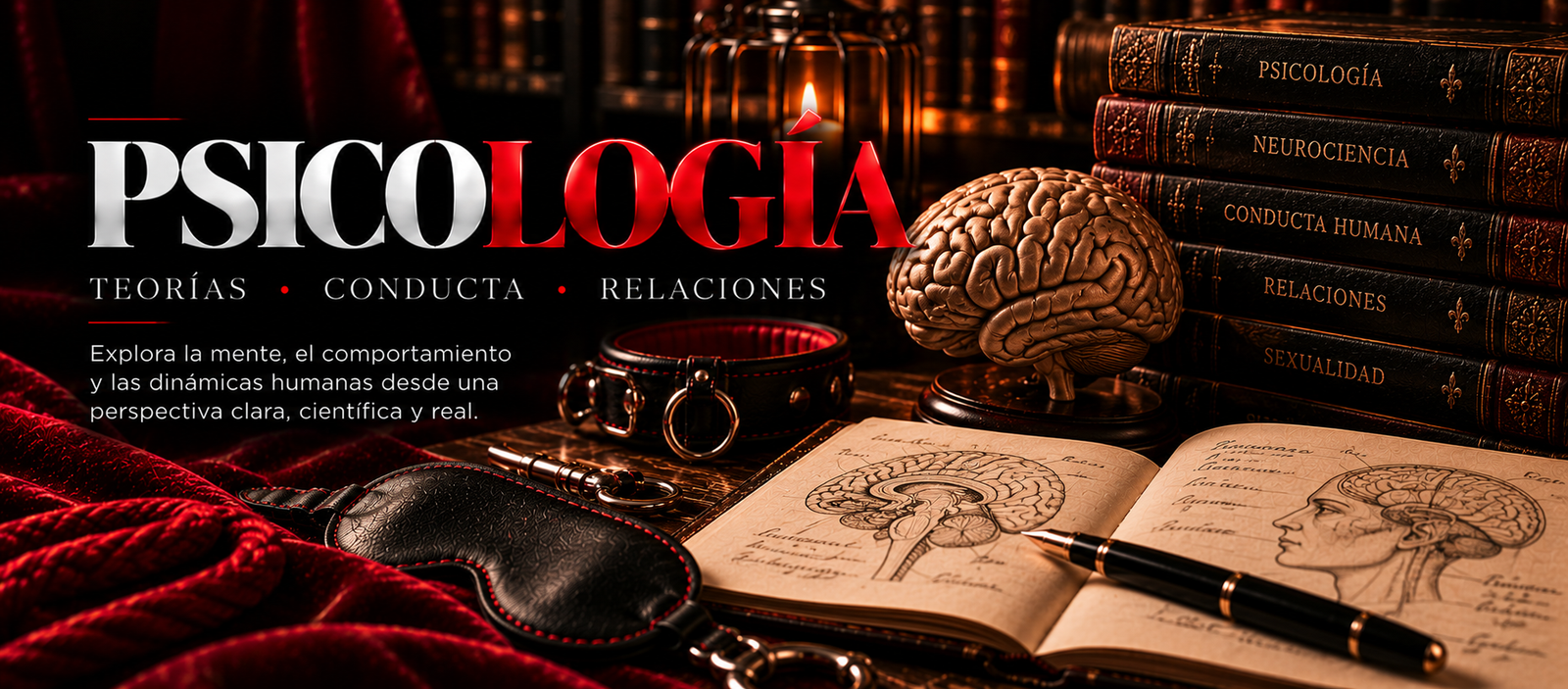 Psicología: teorías, conducta, relaciones. Cerebro de bronce, libros y cuaderno de apuntes