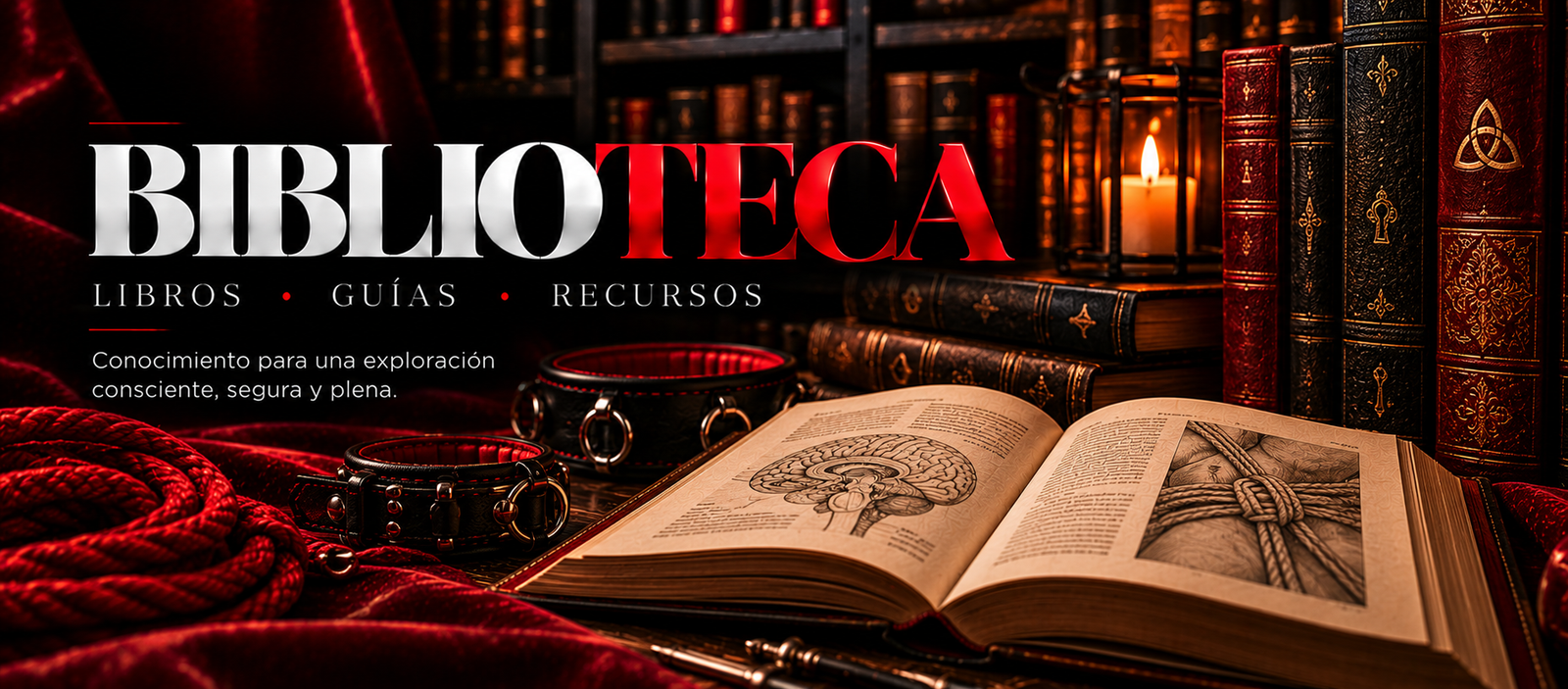 Biblioteca: libros, guías, recursos. Libro abierto con ilustración de cerebro y nudos de cuerda, collares de cuero y cuerda roja