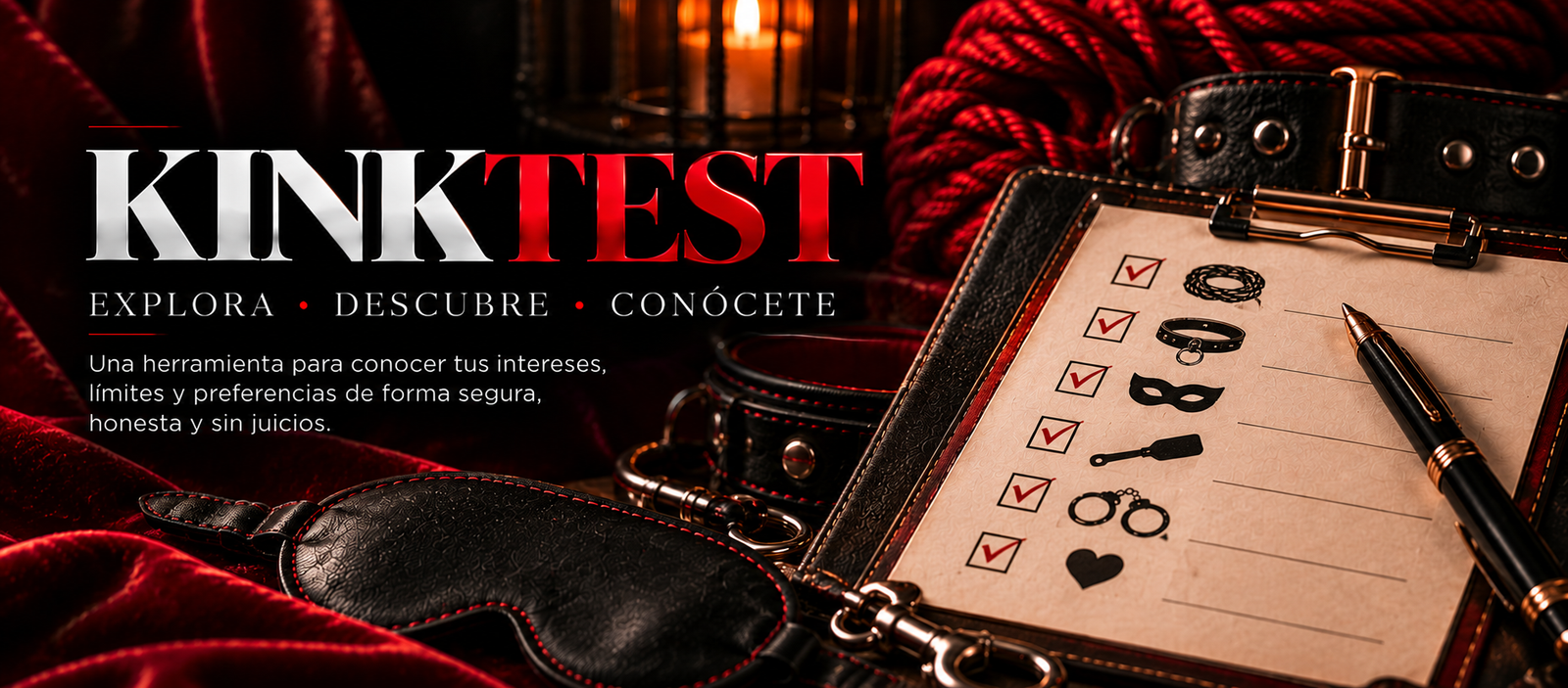 Kink Test: explora, descubre, conócete. Tablilla con lista de verificación, antifaz y cuerda roja