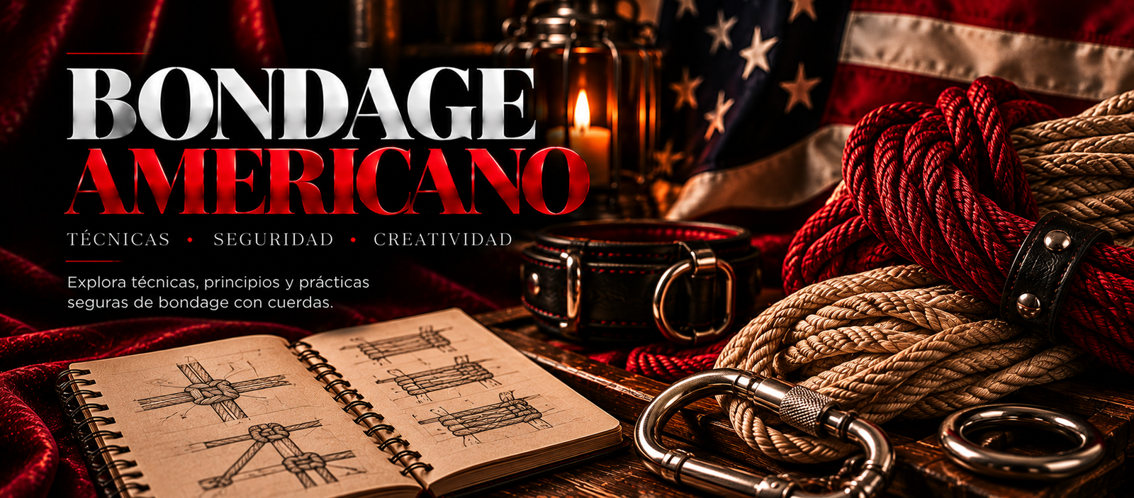 Bondage Americano: técnicas, seguridad, creatividad. Cuerdas rojas y beige, libreta con nudos, collar de cuero y mosquetón