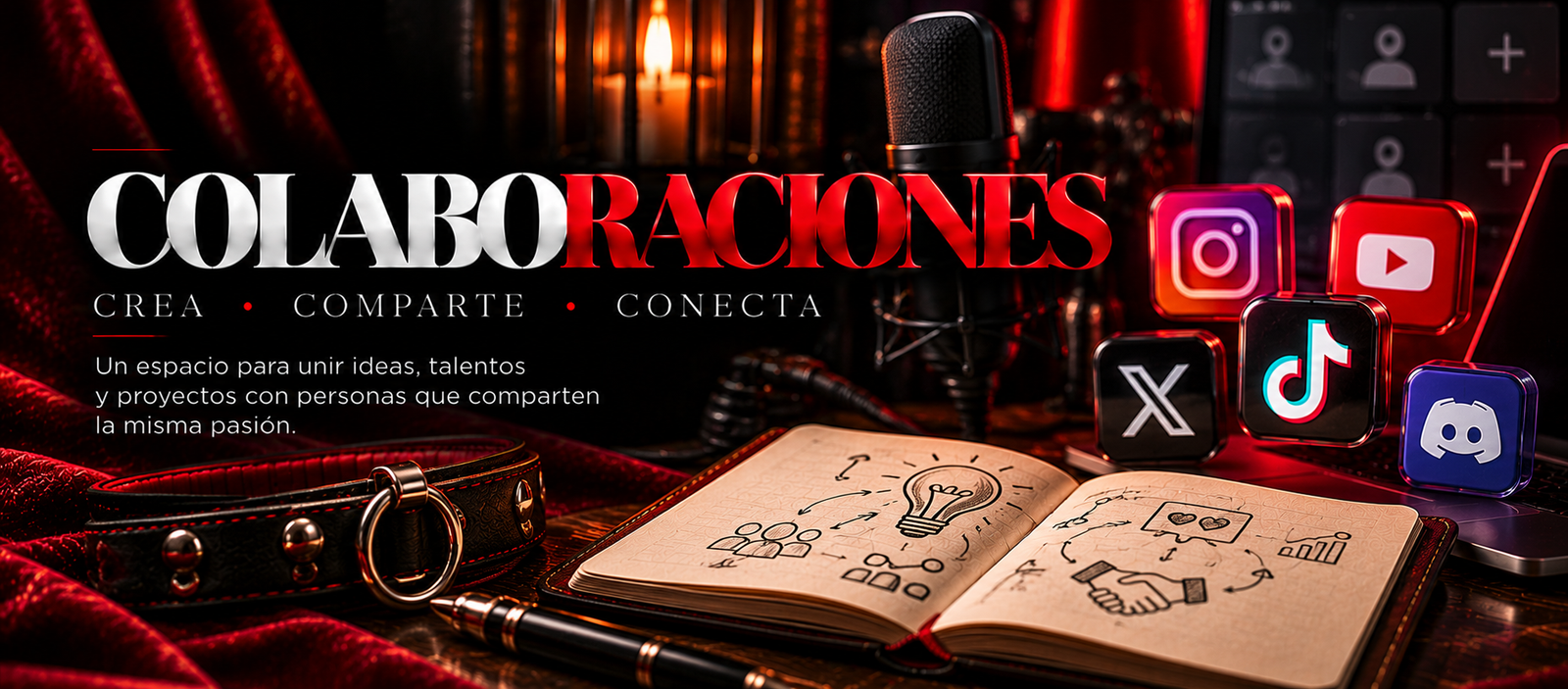 Colaboraciones: crea, comparte, conecta. Micrófono, libreta con ideas, collar de cuero y íconos de redes sociales