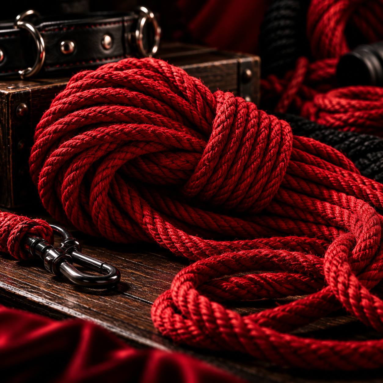Madeja de cuerda roja de fibra natural sobre una mesa de madera
