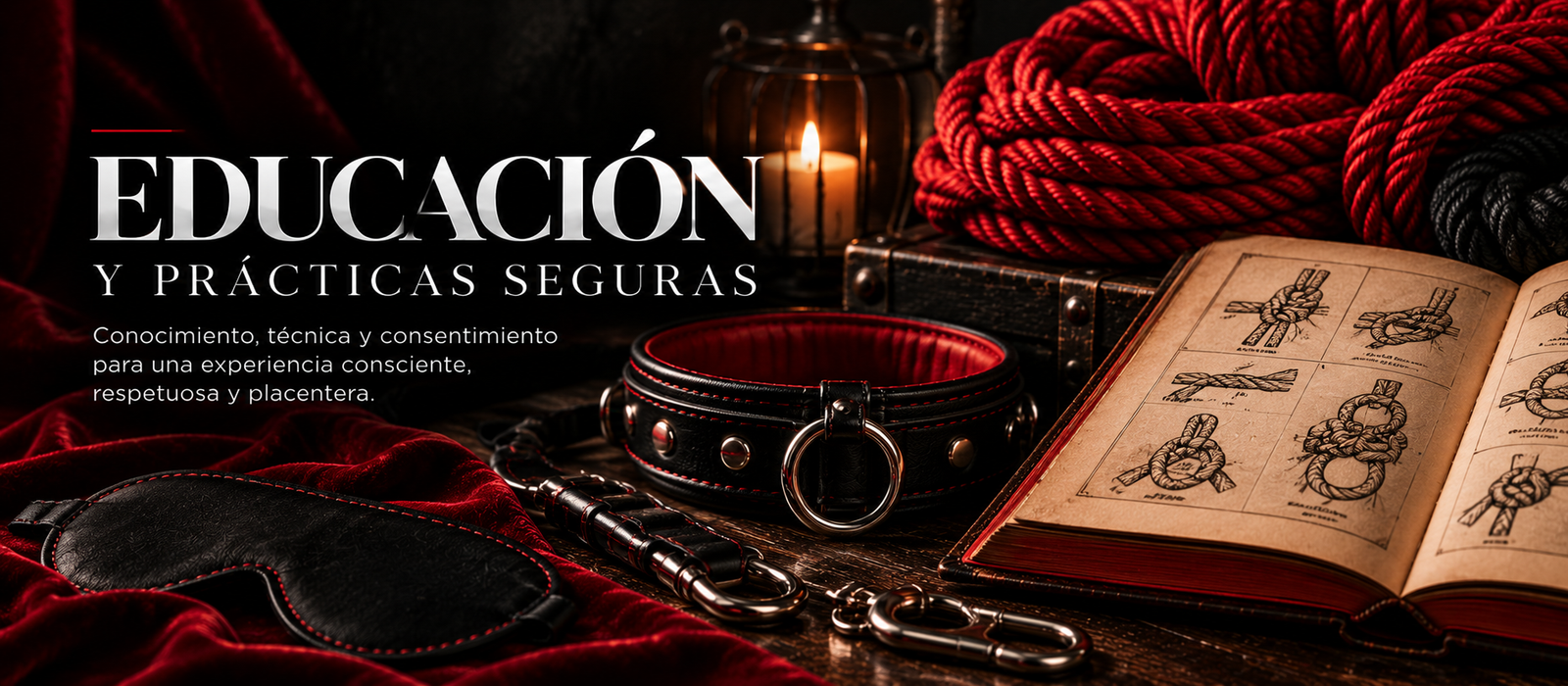 Educación y prácticas seguras: cuerdas, collar de cuero y libro de nudos