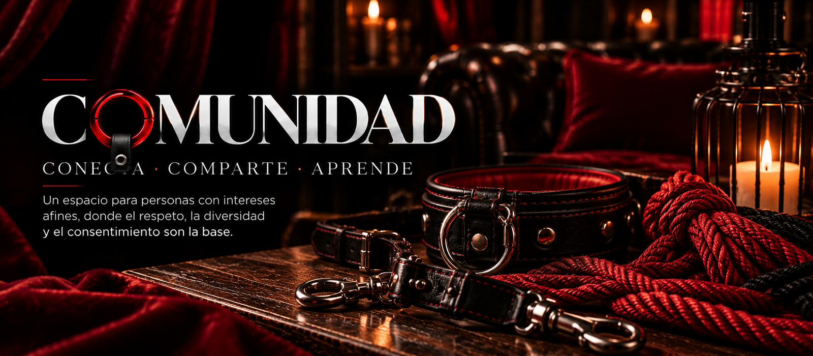 Comunidad: conecta, comparte, aprende. Sala con terciopelo rojo, collar de cuero y cuerda