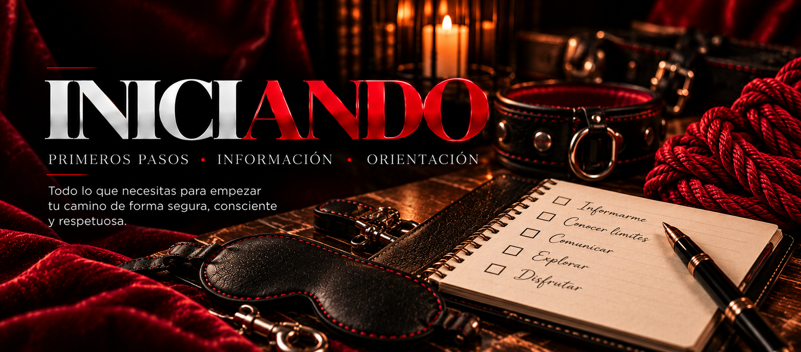 Iniciando: primeros pasos, información, orientación. Libreta con lista de verificación, antifaz de cuero y cuerda roja