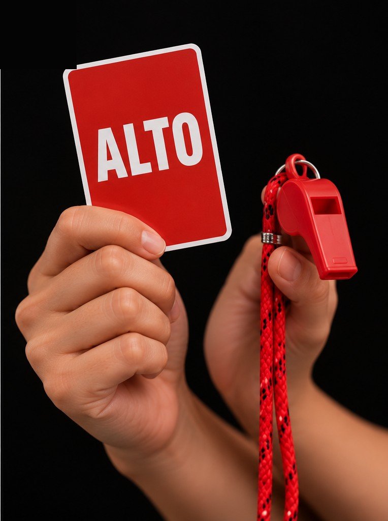 Tarjeta roja ALTO y silbato como señales de seguridad